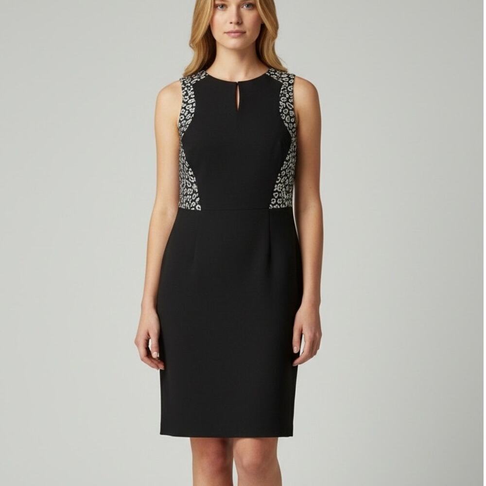Ann Taylor Black Leopard Detail Sleeveless Sheath Dress Size 6Petite